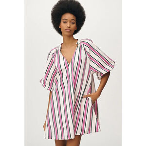 Bel Kazan Striped Cotton Mini Shift Dress XS/S Pink Green Boho Puff Sleeve